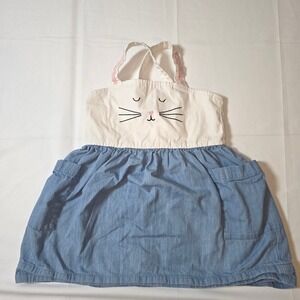 Hanna Andersson Bunny Pinafore Dress Blue White Chambray Pockets Size 4 100